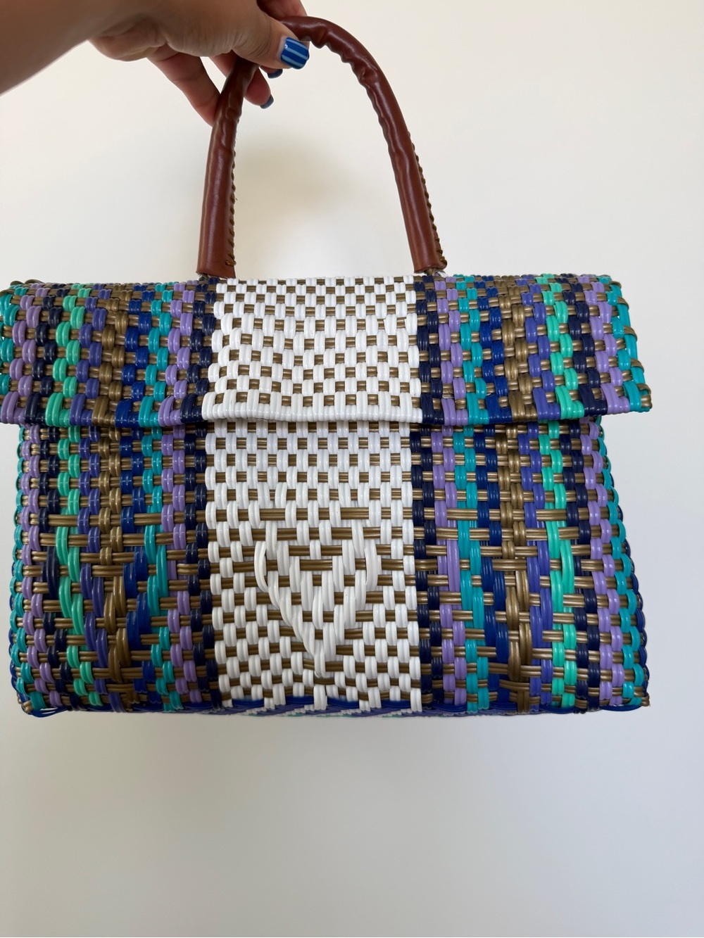Woven Multicolor Top-Handle Crossbody Bag with White Center Panel